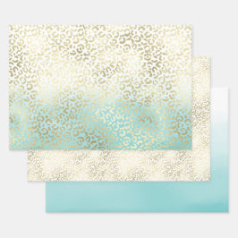 Girl Mint Watercolor Ombre Gold Leopard Print Geschenkpapier Set