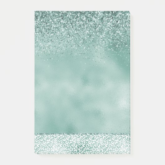 Girl Mint White Leopard Print Glitzer Post-it Klebezettel (Vorderseite)