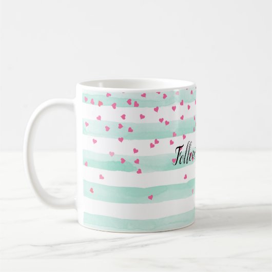Girl-Minze-Weiße Streifen rosa Confetti-Herzen Kaffeetasse (Links)