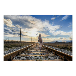 Girl mit Gitarre auf Bahnschienen Poster