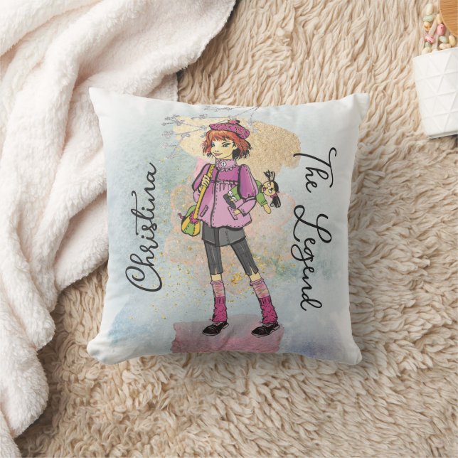 Girl mit rotem Haar Goldname Text Kissen (Decke)