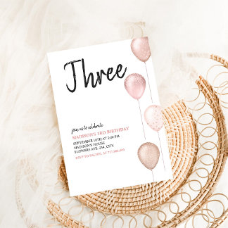 Girl Modern Simple 3rd Pink Balloons Geburtstag Einladung