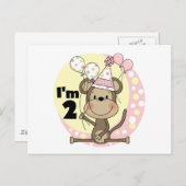 Girl Monkey in Party Hat 2. Geburtstag Einladungspostkarte (Vorne/Hinten)