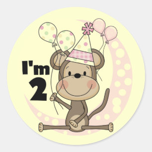 Girl Monkey in Party Hat 2. Geburtstag Runder Aufkleber