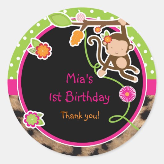 Girl Monkey Jungle Safari Bright Favor Sticker (Vorderseite)