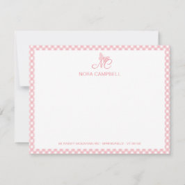 Girl Monogram Name Peach Pink Gingham Border Mitteilungskarte