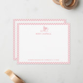Girl Monogram Name Peach Pink Gingham Border Mitteilungskarte (Vorderseite/Rückseite Beispiel)