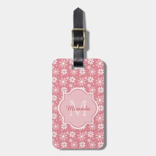 Girl Monogram Niedlich Pink Daisy Blume mit Namen Gepäckanhänger (Vorderseite vertikal)