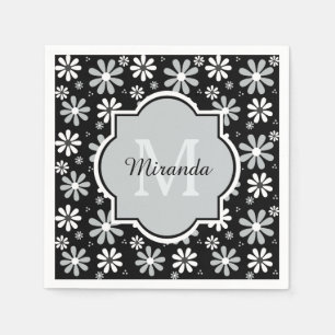 Girl Monogram Schwarz-weiße Daisy-Blume mit Namen Serviette