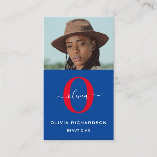 Girl Monogram Script Name Blue White Red Vertical Visitenkarte (Vorderseite)