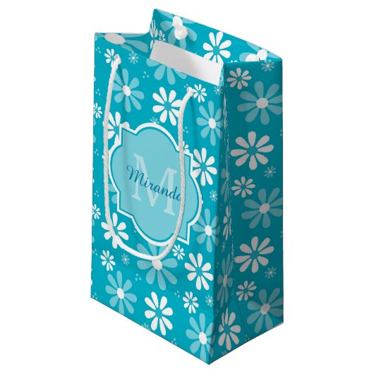 Girl Monogram Türkise Daisy Blume mit Namen Kleine Geschenktüte (Vorderseite Schrägansicht)