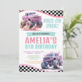 Girl Monster Trucks Geburtstagseinladung. Rennen Einladung (Stehend Vorderseite)