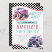 Girl Monster Trucks Geburtstagseinladung. Rennen Einladung (Vorne/Hinten)