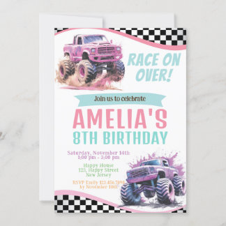 Girl Monster Trucks Geburtstagseinladung. Rennen Einladung