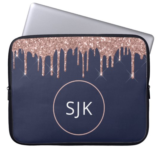 Girl Navy Blue Rose Gold Glitzer Tropfens Monogram Laptopschutzhülle (Vorderseite)