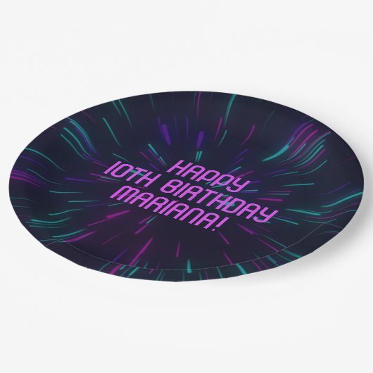 Girl Neon Lila Pink Glow Pappteller (Schrägansicht)