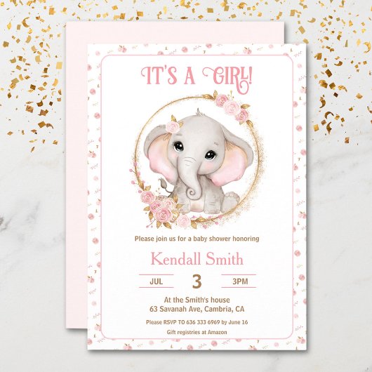 Girl Niedlich Pink Elefant und Blume Kinderdusche Einladung