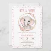 Girl Niedlich Pink Elefant und Blume Kinderdusche Einladung (Vorderseite)