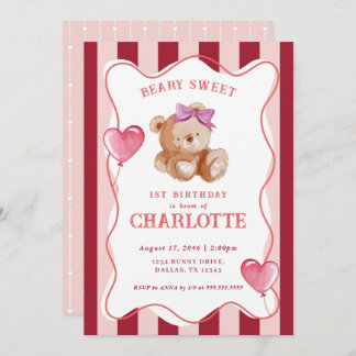 Girl Niedlich Pink Watercolor Bear Baby 1. Geburts Einladung