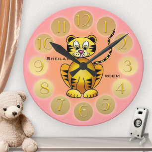Girl Niedlich Tiger Pink Gold Wall Clock Große Wanduhr