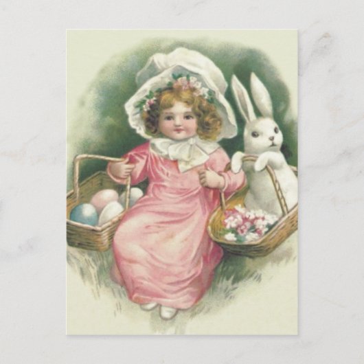 Girl Oaster Basket Bunny Cfarbene Eier Feiertagspostkarte (Vorderseite)