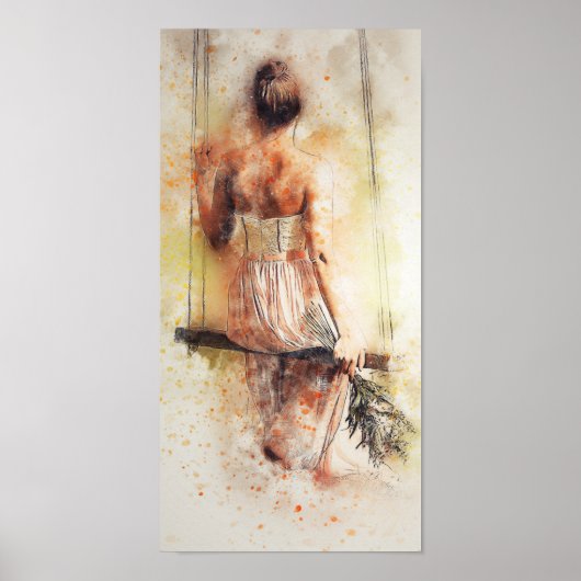 Girl on a Swing Watercolor Decoupage Print Poster (Vorne)