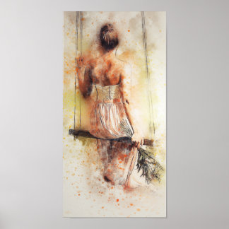 Girl on a Swing Watercolor Decoupage Print Poster