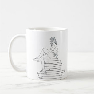 Girl on Books Line Art Kaffeetasse
