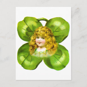 Girl on Giant Kleeblatt Vintag St Patrick's Day Postkarte