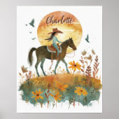 Girl on Horse Sunset Personalisierter Name Poster (Vorne)