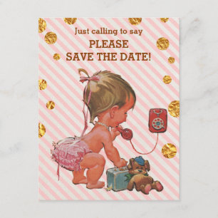 Girl on Phone Stripes Gold Punkte Save the Date