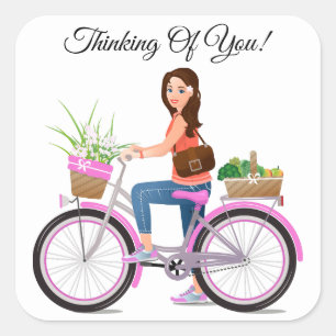 Girl on Pink Bicycle Basket von Blume & Gemüse Quadratischer Aufkleber