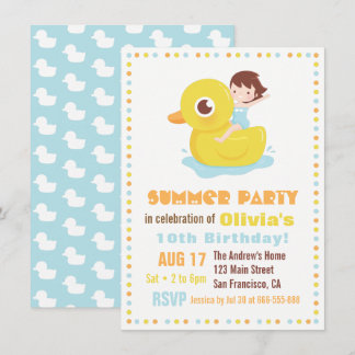 Girl on Rubber Duck Pool Float Kindergeburtstag Pa Einladung