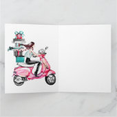 Girl on Scooter mit Weihnachtsgeschenken Karte (Innenseite)