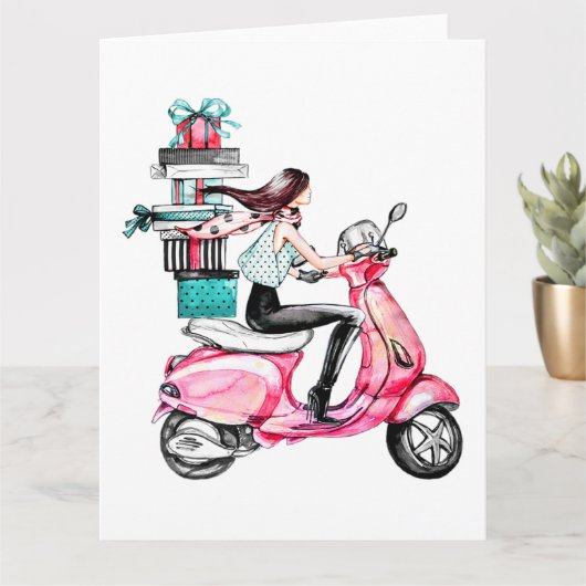 Girl on Scooter mit Weihnachtsgeschenken Karte (Kleine Pflanze)