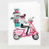 Girl on Scooter mit Weihnachtsgeschenken Karte (Vorderseite)