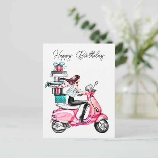 Girl on Scooter Postkarte (Stehend Vorderseite)