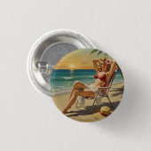 Girl On the Beach Retro "50er Button-up Art Button (Vorne & Hinten)