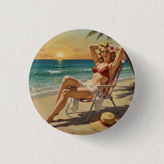 Girl On the Beach Retro "50er Button-up Art Button (Vorderseite)