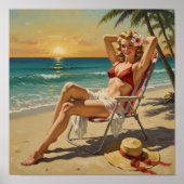 Girl On the Beach Retro "50er Button-up Art Poster (Vorne)