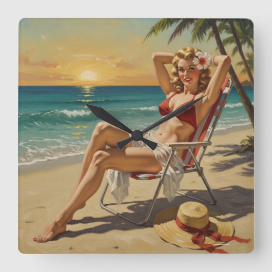 Girl On the Beach Retro "50er Button-up Art Quadratische Wanduhr (Vorderseite)