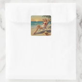 Girl On the Beach Retro "50er Button-up Art Quadratischer Aufkleber (Tasche)