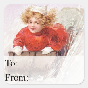 Girl on Toboggan Vintage Christmas Gift Tag Quadratischer Aufkleber