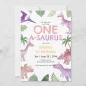 Girl One A Saurus Dinosaur 1st Birthday Invitation Einladung (Vorderseite)