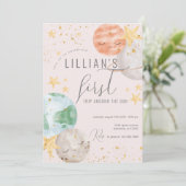 Girl Outer Space erster Geburtstag Einladung (Stehend Vorderseite)