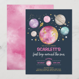 Girl Outer Space Galaxy Birthday Navy Pink Gold Einladung