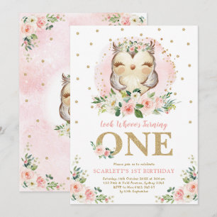 Girl Owl Blush Pink Floral 1. Geburtstag Party Einladung