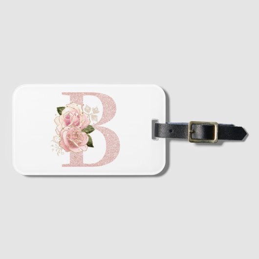 Girl Pale Rose Gold Glitzer Floral Monogram B Gepäckanhänger (Vorderseite (Horizontal))