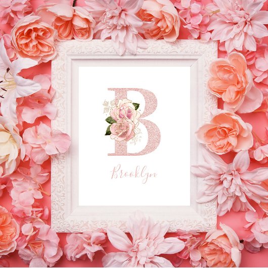 Girl Pale Rose Gold Glitzer Floral Monogram B Poster