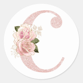 Girl Pale Rose Gold Glitzer Floral Monogram C Runder Aufkleber